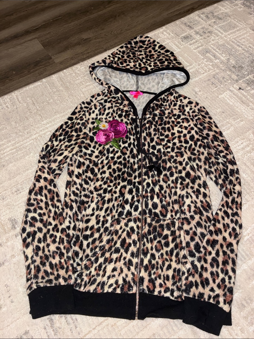 Betsey Johnson Leopard Print Hooded Zip Jacket with Pink Floral Applique Y2K